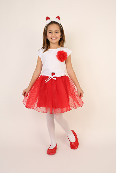 FATELLA Tricou roșu cu detalii florale pentru fete, set cu fustă din tul roșu...