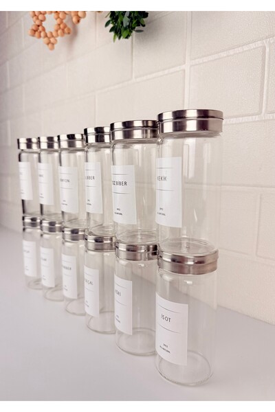 Mirilliahome طقم أرفف توابل مكون من 12 قطعة - طقم أرفف توابل زجاجية بغطاء معدني