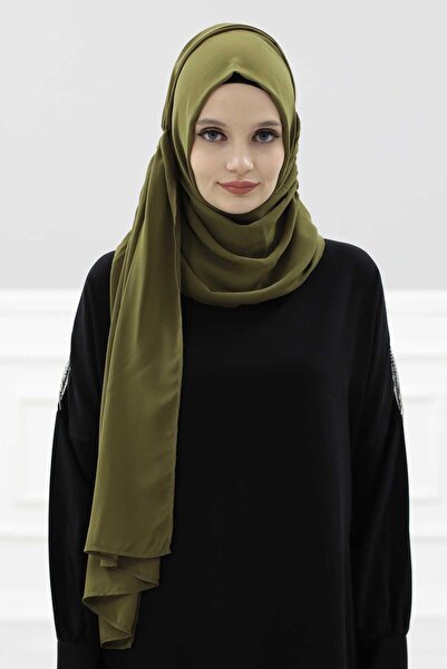 Ayşe Tasarım Practical Chiffon Shawl with Side Gathered Design, Ps-8, Khaki Green