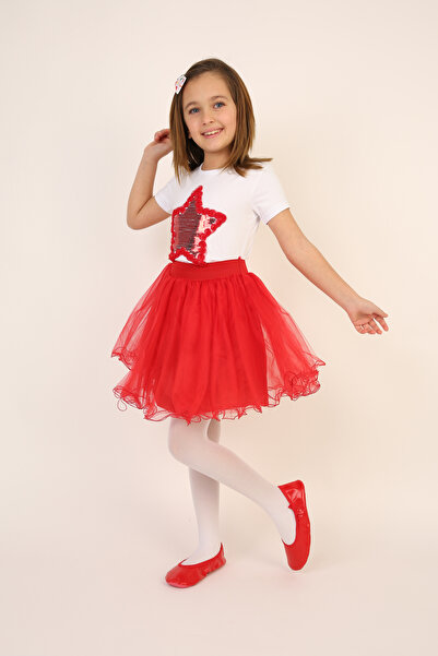 nacar çarşı Kız Çocuk Kırmızı Pullu Yıldız Tişört Kırmızı Tütü Etek Takım 23 Nisan 29 Ekim Gösteri Kıyafeti