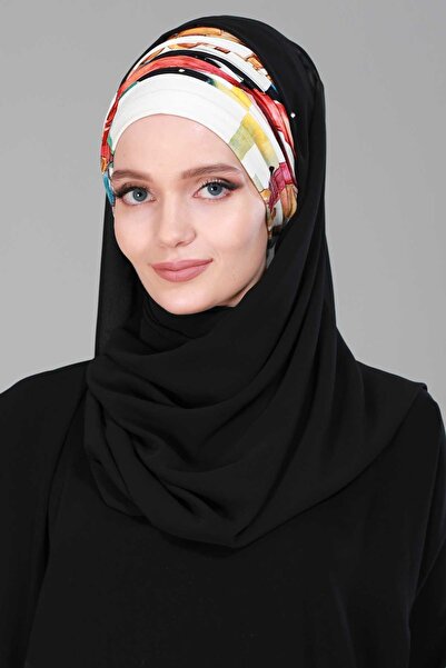 Ayşe Tasarım Σάλι από χτενισμένο βαμβακερό σιφόν με σχέδιο, BTS-1D, Alis - Μαύρο