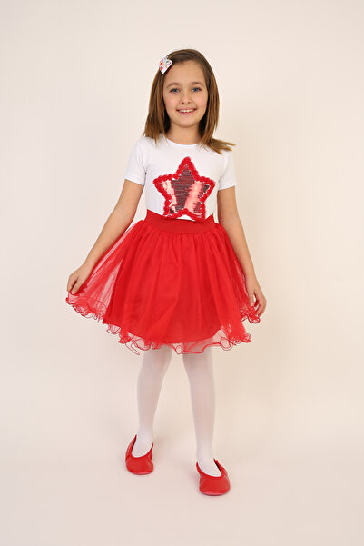 nacar çarşı Kız Çocuk Kırmızı Pullu Yıldız Tişört Kırmızı Tütü Etek Takım 23 Nisan 29 Ekim Gösteri Kıyafeti