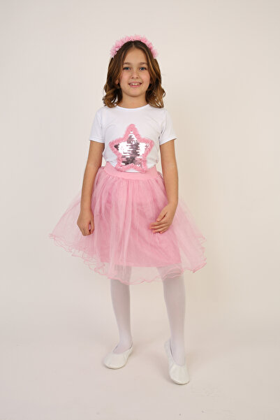 FATELLA Tricou roz cu stele cu paiete pentru fetițe, set fustă tutu roz, ținu...