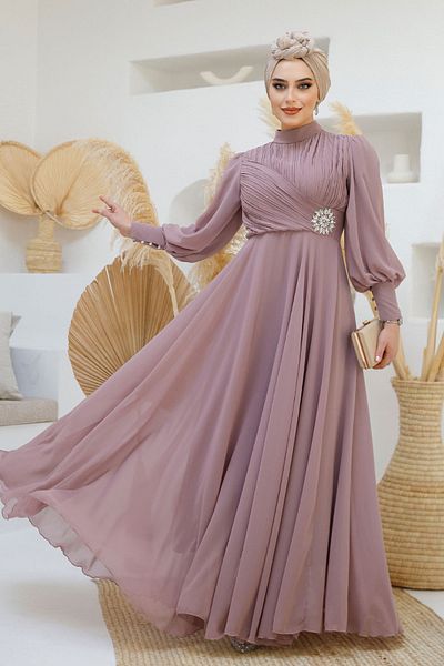 Neva Style Βραδινό φόρεμα Hijab Dusty Rose με λεπτομέρεια μπαταρίας 45221gk