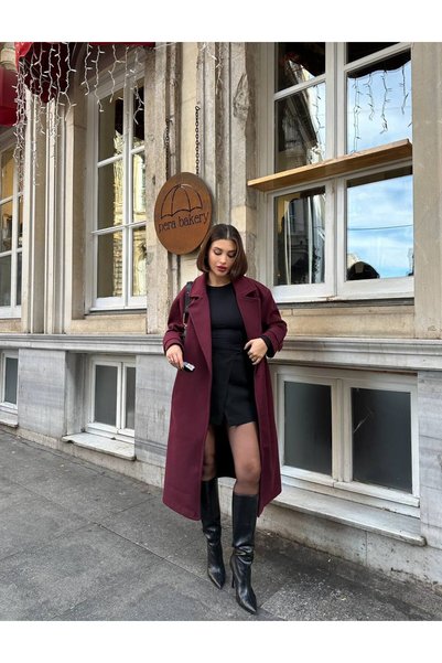 dükkan10butika Women's Oversize Wide Fit Long Maxi Lined Cashmere Coat Burgundy