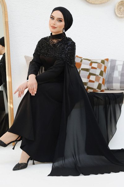 Neva Style Black Hijab Evening Dress with Cape 4653S