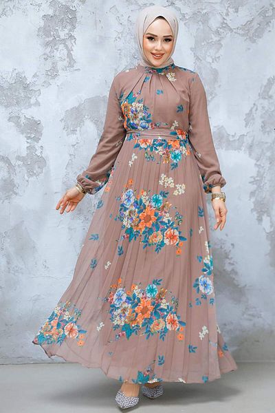 Neva Style Rochie hijab din nurcă închisă cu imprimeu floral 34468KV
