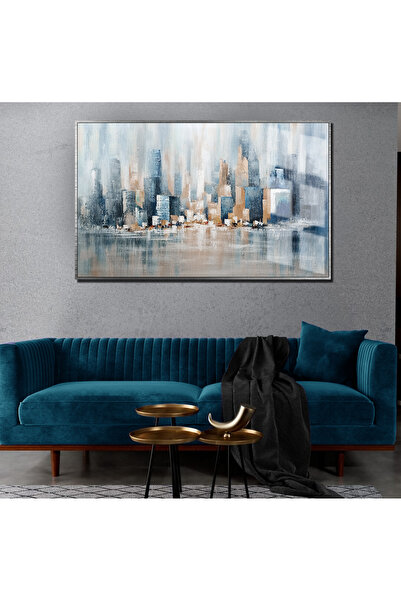 Harikabirev HARİKABİREV | MODELL DE PEISAJ DE ORAȚIE ABSTRACTĂ ALBASTRU-GRI 1 | TABLO DE STICLA TEMPLATA CU CADRU ORIZONTAL