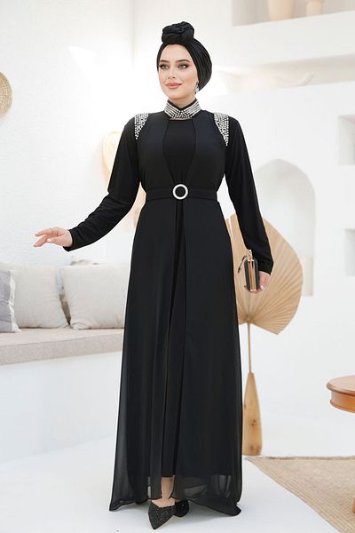 Neva Style Costum Abaya Hijab Negru Brodat cu margele 43201s