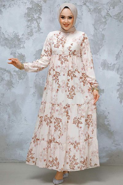 Neva Style Φόρεμα Hijab με λουλούδια καφέ 22054KH
