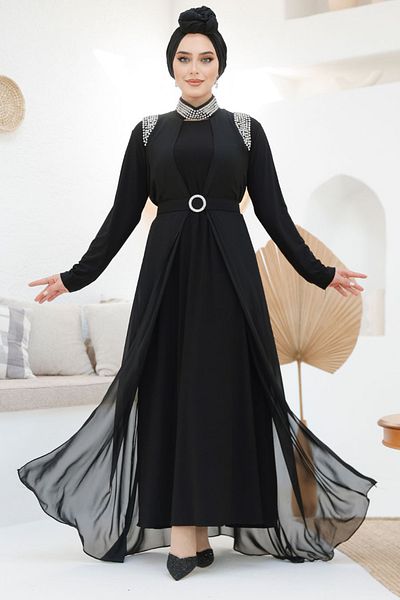 Neva Style Costum Abaya Hijab Negru Brodat cu margele 43201s