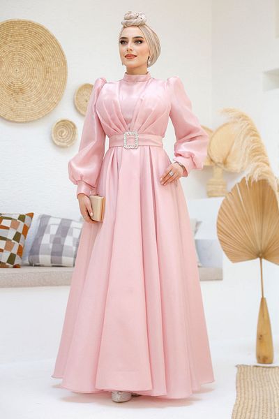 Neva Style Rochie de seară hijab roz cu centură cu cataramă 45295p