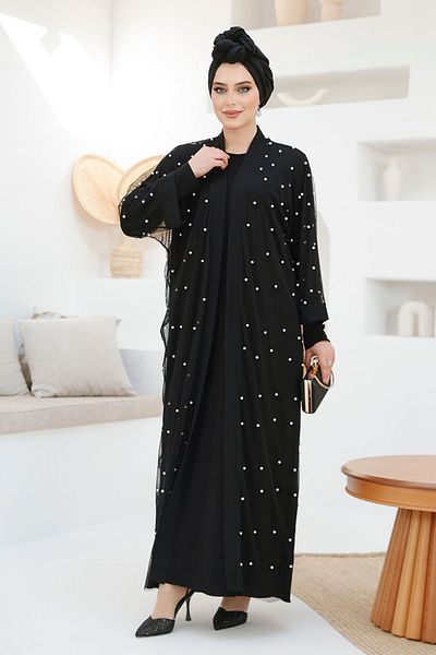Neva Style Costum Abaya Hijab bleumarin brodat cu perle 42781S