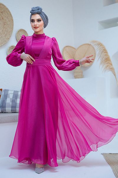 Neva Style Fuchsia Hijab Evening Dress with Draped Detail 45701F