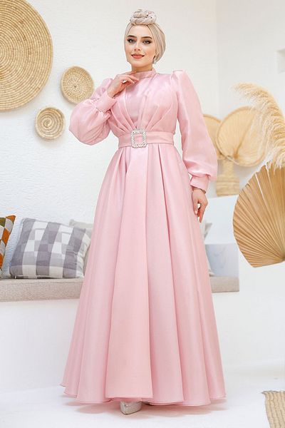 Neva Style Rochie de seară hijab roz cu centură cu cataramă 45295p