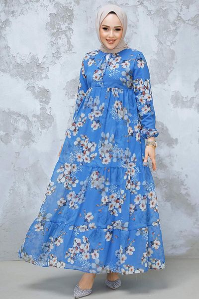 Neva Style Indigo Blue Floral Print Hijab Dress - 22053Im