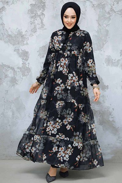 Neva Style Rochie neagră cu hijab cu modele florale 22053S