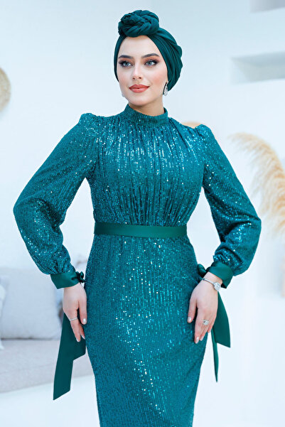 Neva Style Sequined Emerald Green Hijab Evening Dress 4667Zy