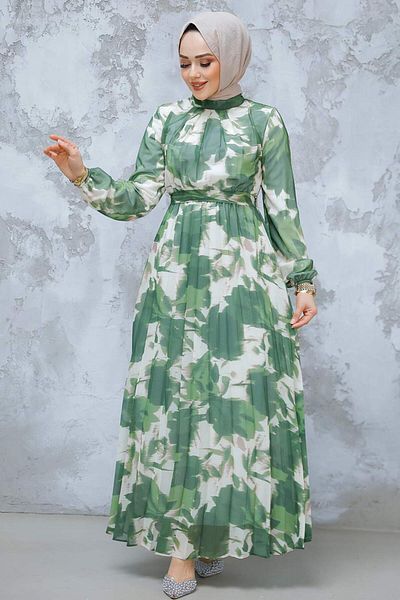 Neva Style Rochie Hijab Kaki cu Motiv Floral 344602 HK