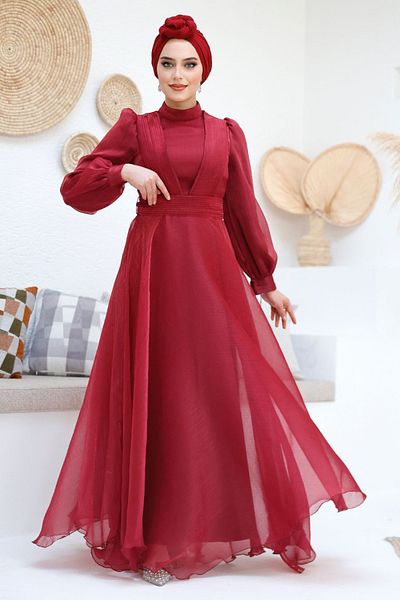 Neva Style Rochie de seară cu drapeau roșu Claret Hijab 45701br