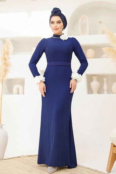 Neva Style Floral Detailed Navy Blue Hijab Evening Dress 46631L