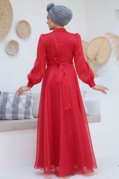 Neva Style Drape Detaylı Kırmızı Tesettür Abiye Elbise 45701k