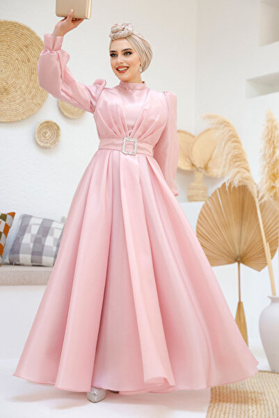 Neva Style Pink Hijab Evening Dress with Buckle Belt 45295P