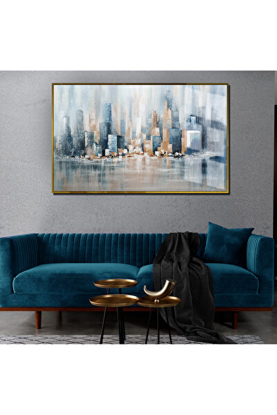 Harika bir ev HARİKABİREV|MAVİ-GRİ SOYUT ŞEHİR MANZARA MODELİ 1|ÇERÇEVELİ TEM...