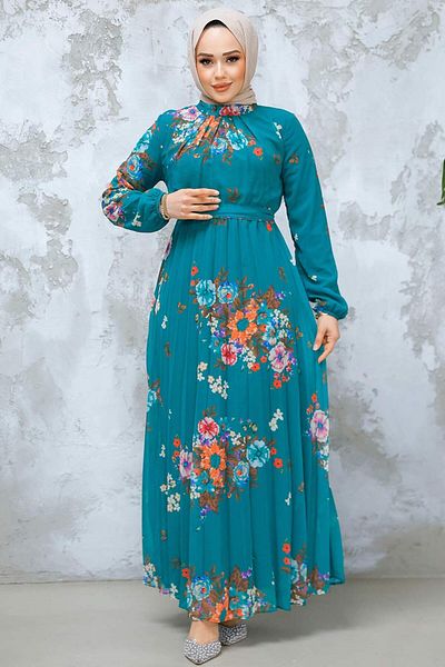 Neva Style Rochie Hijab Verde cu Motiv Floral 34468Y