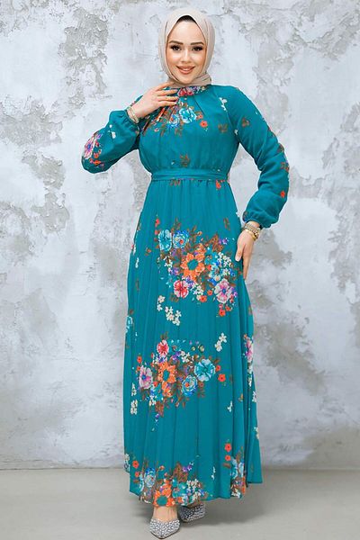 Neva Style Rochie Hijab Verde cu Motiv Floral 34468Y