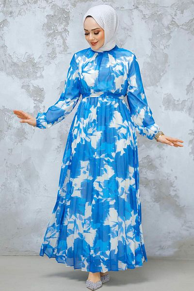 Neva Style Floral Print Indigo Blue Hijab Dress 344602 Im