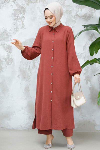 Neva Style Buttoned Dark Rose Dried Hijab Double Suit 10101Kgk