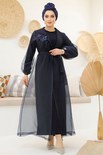 Neva Style Floral Detailed Navy Blue Hijab Abaya 46651L