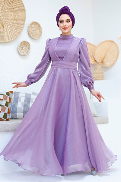 Neva Style Rochie de seara hijab liliac cu detaliu drapat 45701LILA