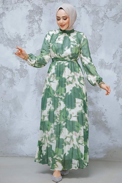 Neva Style Rochie Hijab Kaki cu Motiv Floral 344602 HK