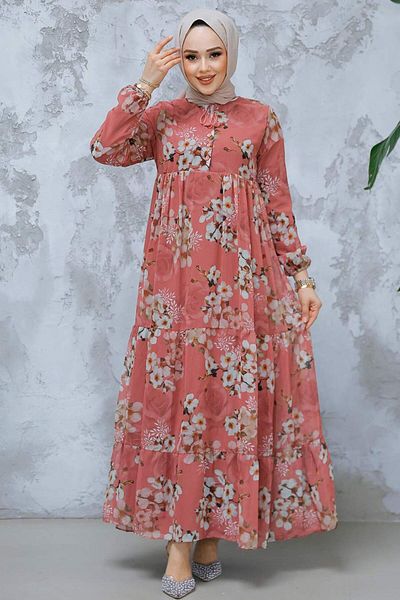 Neva Style Floral Print Dusty Rose Hijab Dress 22053Gk