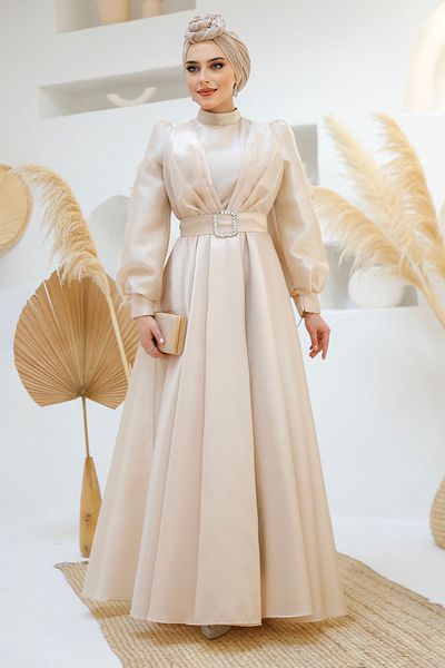 Neva Style Rochie de seară hijab bej cu centură cu cataramă 45295bej