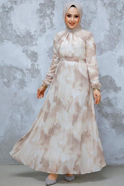 Neva Style Beige Print Hijab Dress - 34469Beige
