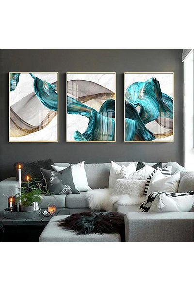 Linacci Triple Gold Metal Frame Abstract Blue Lines Glass Painting Set
