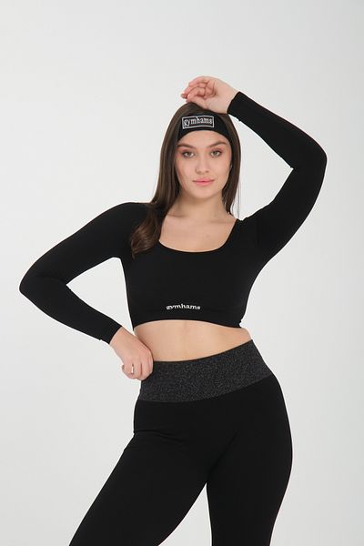 gymhams Top negru cu mânecă lungă pentru degete, cu detaliu pentru sport, fitness, yoga, pentru femei, crop top-sport