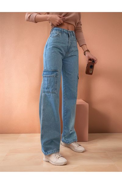 SHEVEGA High Waist Ice Blue 90S Sarmale - Boyfriend Jeans with Cargo Pockets