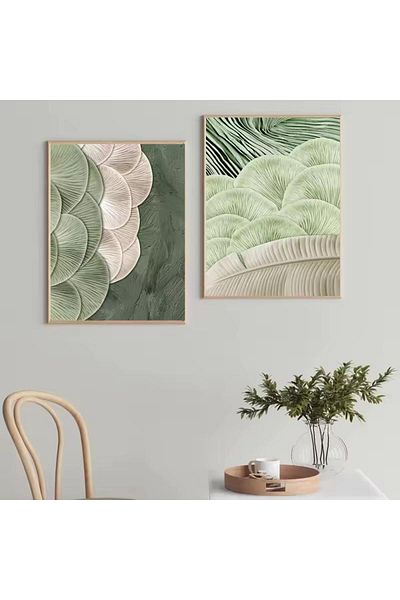 Linacci Set de pictură din sticlă cu model verde cu cadru dublu din metal auriu