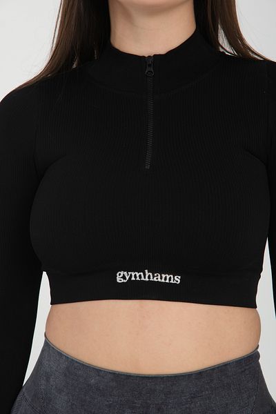 gymhams Black Long Sleeve Finger Putting Detailed Sports Fitness Yoga Women's Crop Top-Athlete Top