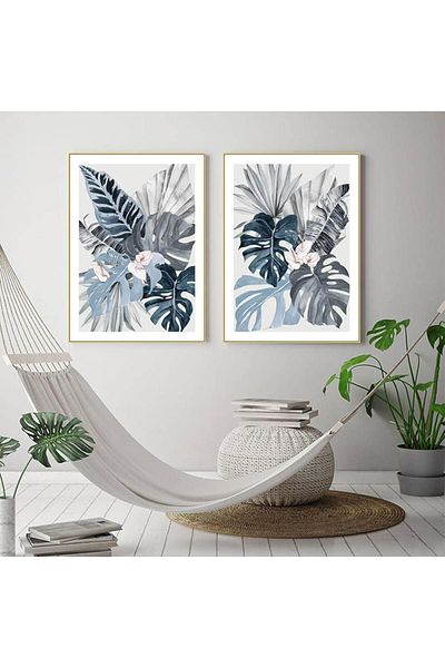 Linacci Blue Leaf Glass Table Set with Double Gold Metal Frame