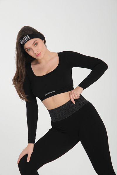 gymhams Top negru cu mânecă lungă pentru degete, cu detaliu pentru sport, fitness, yoga, pentru femei, crop top-sport