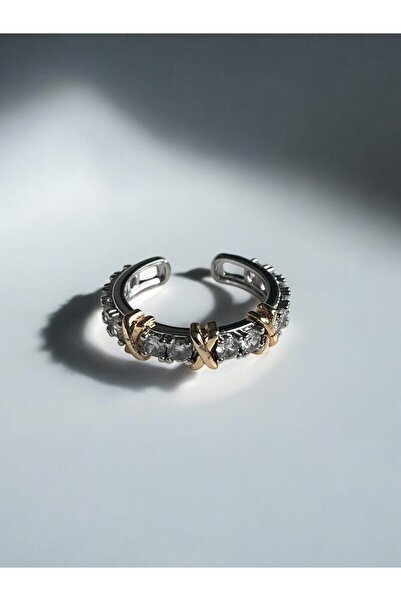 NAİFTAKIAKSESUAR خاتم نسائي من الفولاذ قابل للتعديل بتصميم بلونين