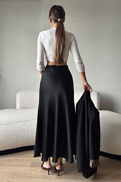 Moda cameo Mohinto Saten İhracat Midi Etek Siyah