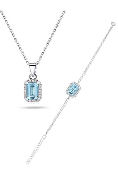 Brezza Lusso Jewelry 925 Ayar Gümüş Aquamarin Taşlı Baget Kadın Kolye Bilekli...