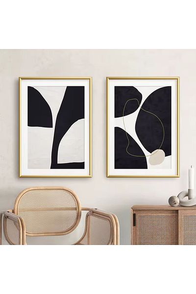 Linacci Set de picturi moderne din sticlă alb-negru cu cadru dublu din metal auriu