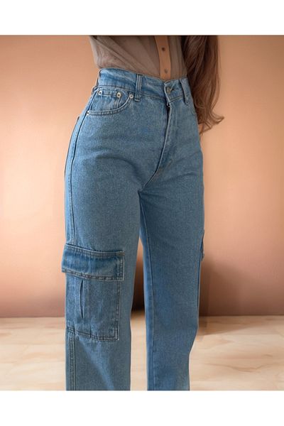 SHEVEGA High Waist Ice Blue 90S Sarmale - Boyfriend Jeans with Cargo Pockets